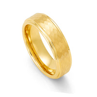 6mm - Yellow Gold Tungsten Hammered Wedding Band Stepped Edges Brush Center