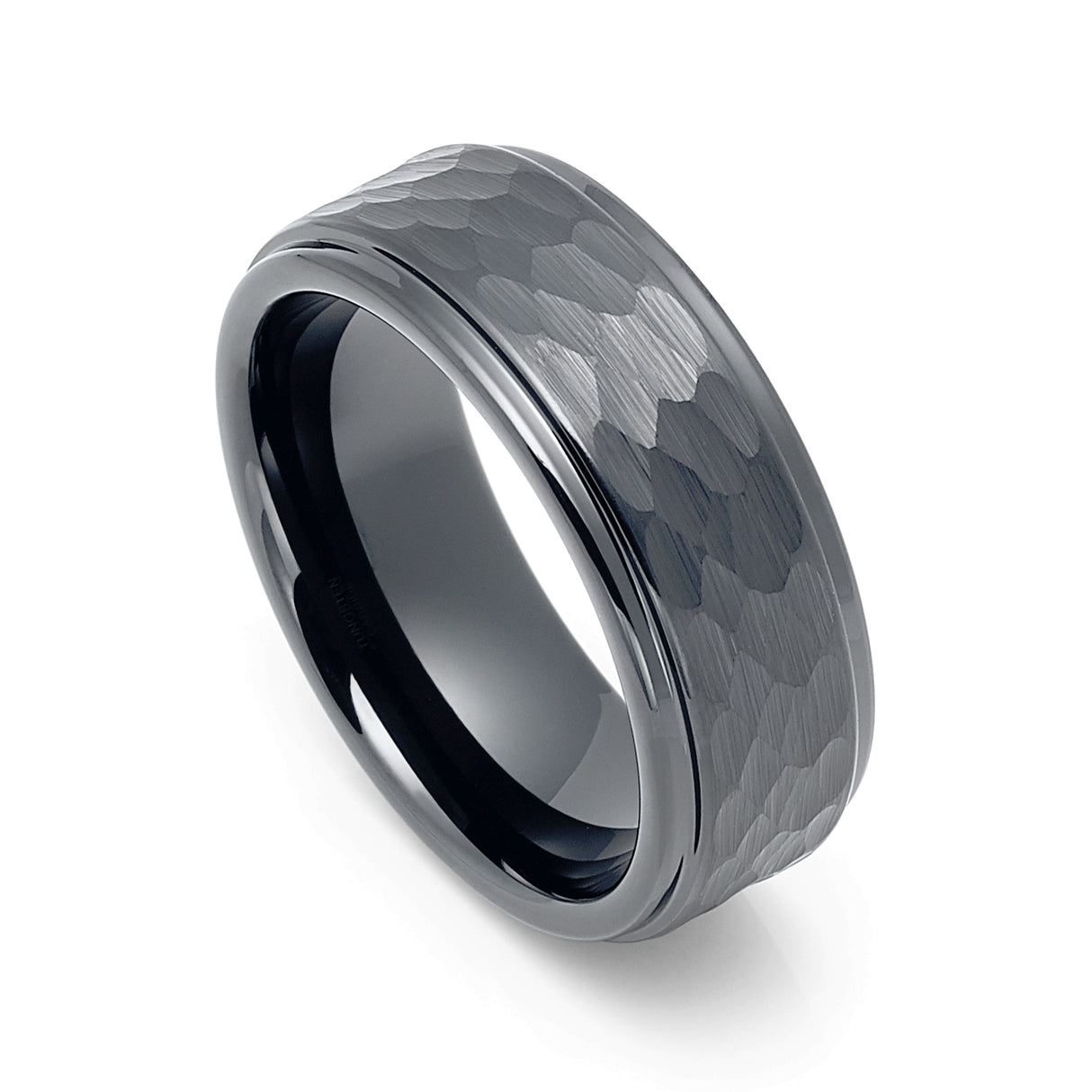 8mm Gunmetal Tungsten Wedding Ring Brushed Hammered Center Stepped edges