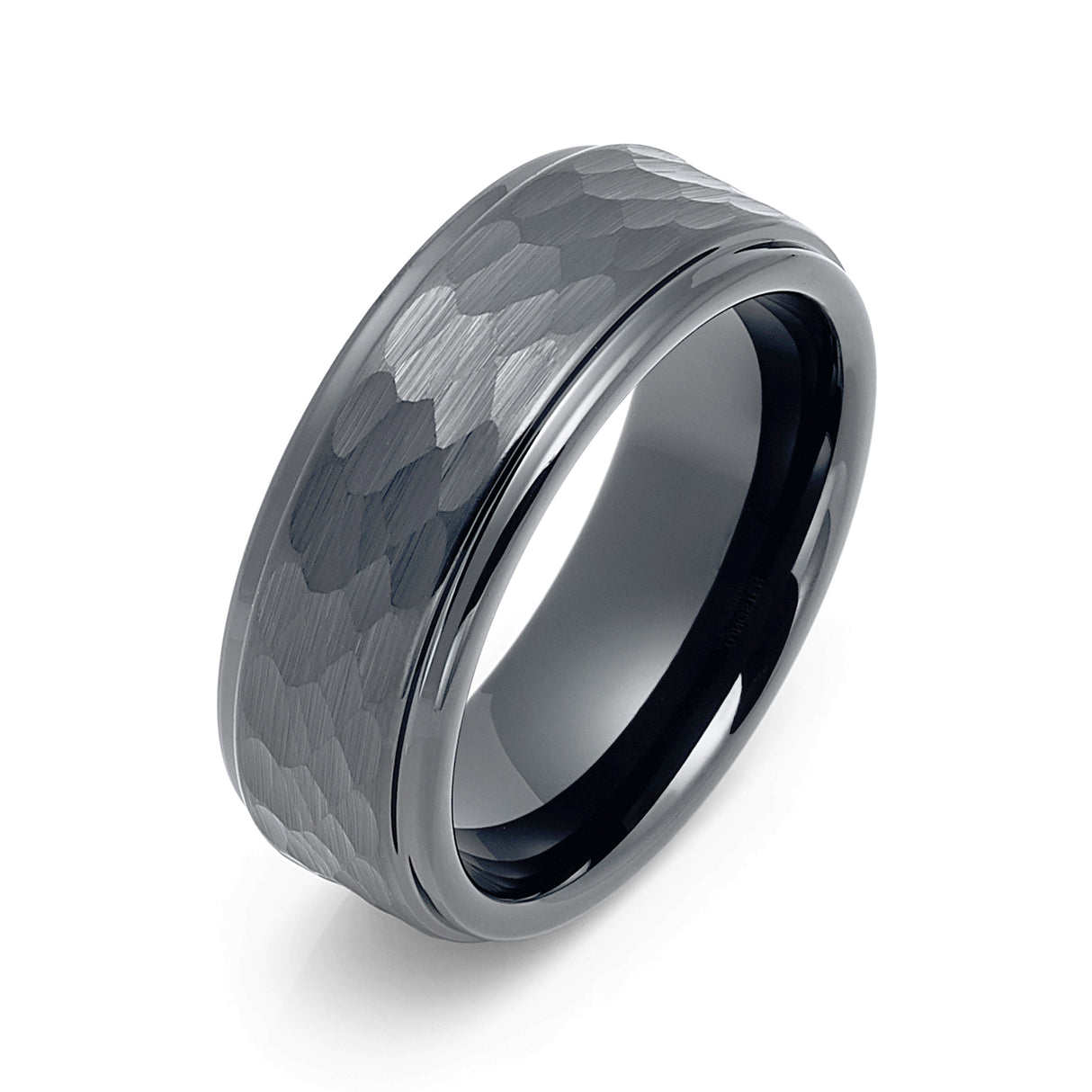 8mm Gunmetal Tungsten Wedding Ring Brushed Hammered Center Stepped edges