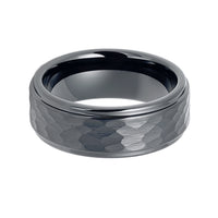 8mm Gunmetal Tungsten Wedding Ring Brushed Hammered Center Stepped edges