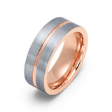 8mm Rose Gold Tungsten Carbide Wedding Ring Brushed Center W/ Rose Gold Groove