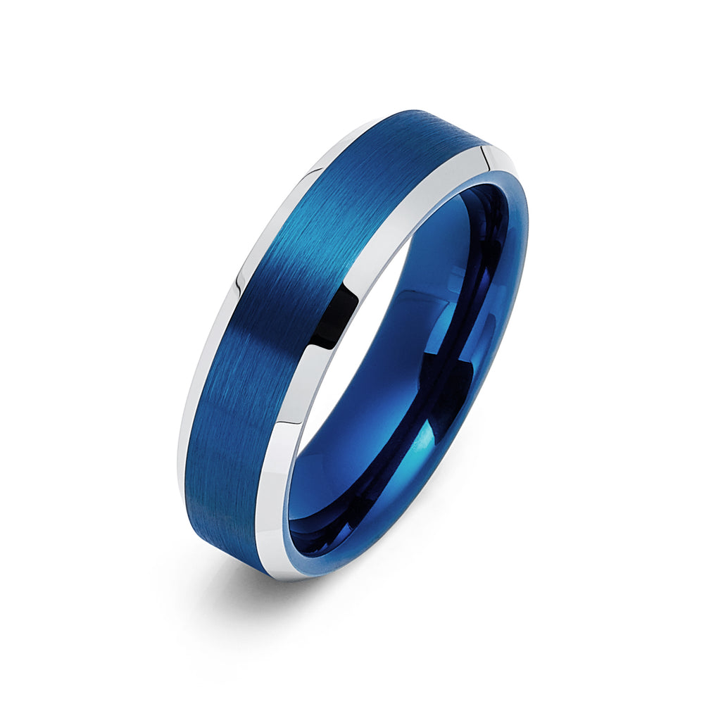 6mm Blue Brushed Tungsten Wedding Band with Polished Edges
