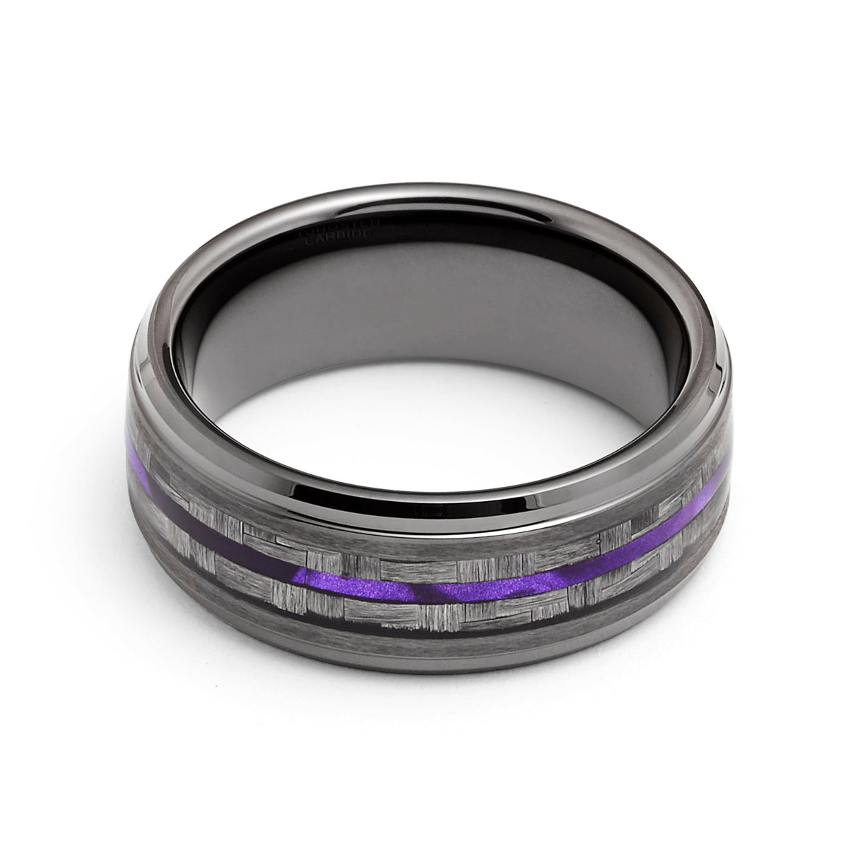 8mm - Tungsten Gunmetal wedding Rings, Carbon Fiber W/ Purple Wood Wedding Band