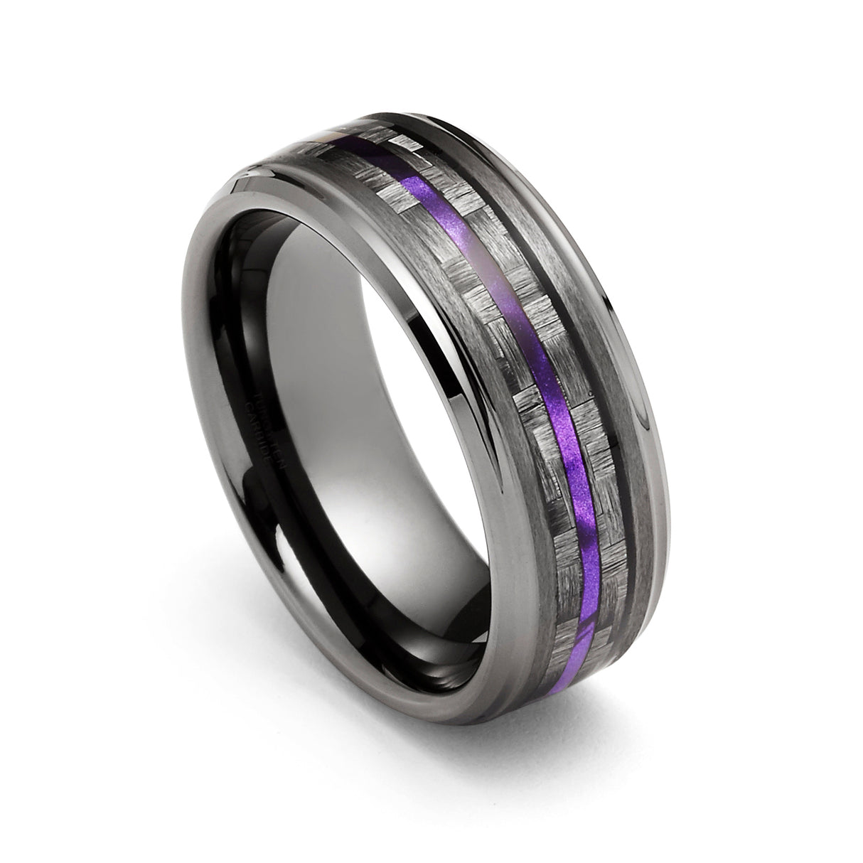 8mm - Tungsten Gunmetal wedding Rings, Carbon Fiber W/ Purple Wood Wedding Band