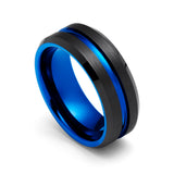 8mm - Black Blue Tungsten Carbide Ring - Grooved Beveled Edges - Wedding Band