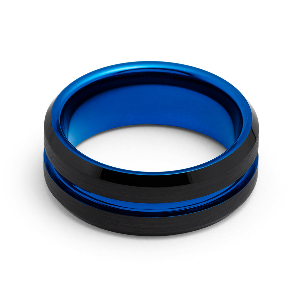 8mm - Black Blue Tungsten Carbide Ring - Grooved Beveled Edges - Wedding Band