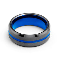 8mm - Gunmetal & Blue Tungsten Carbide Ring - Grooved Beveled Edges - Wedding Band