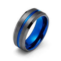 8mm - Gunmetal & Blue Tungsten Carbide Ring - Grooved Beveled Edges - Wedding Band