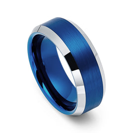 8mm Blue Brushed Tungsten Wedding Band with Polished Edges