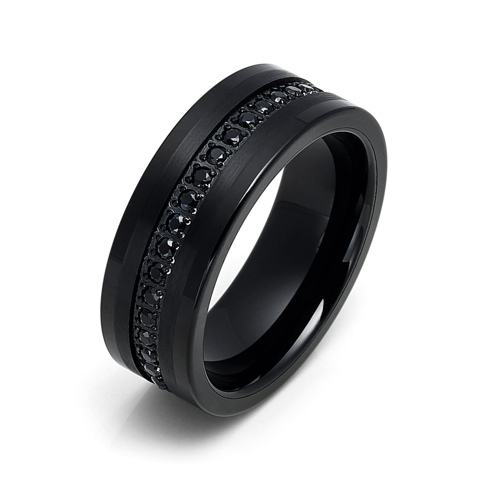 8mm - Mens Tungsten Wedding Band, Brushed Black CZ Diamonds, Tungsten Ring