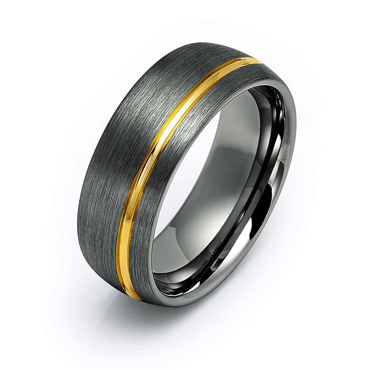 8mm - Tungsten Gun Metal Ring, Brushed Off-Center 18k Gold Grooved Ring