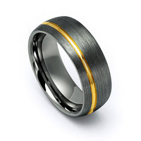 8mm - Tungsten Gun Metal Ring, Brushed Off-Center 18k Gold Grooved Ring