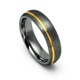 6mm - Tungsten Gun Metal Ring, Brushed Off-Center 18k Gold Grooved Ring