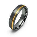 6mm - Tungsten Gun Metal Ring, Brushed Off-Center 18k Gold Grooved Ring