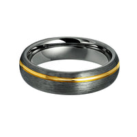 6mm - Tungsten Gun Metal Ring, Brushed Off-Center 18k Gold Grooved Ring