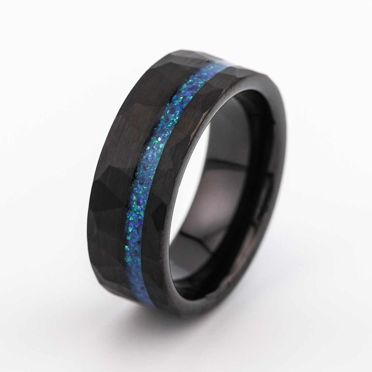 8mm - Black Tungsten Ring, Blue Opal Hammered wedding Ring, Brushed Finish