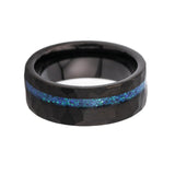 8mm - Black Tungsten Ring, Blue Opal Hammered wedding Ring, Brushed Finish