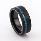 8mm - Black Tungsten Ring, Blue Opal Hammered wedding Ring, Brushed Finish