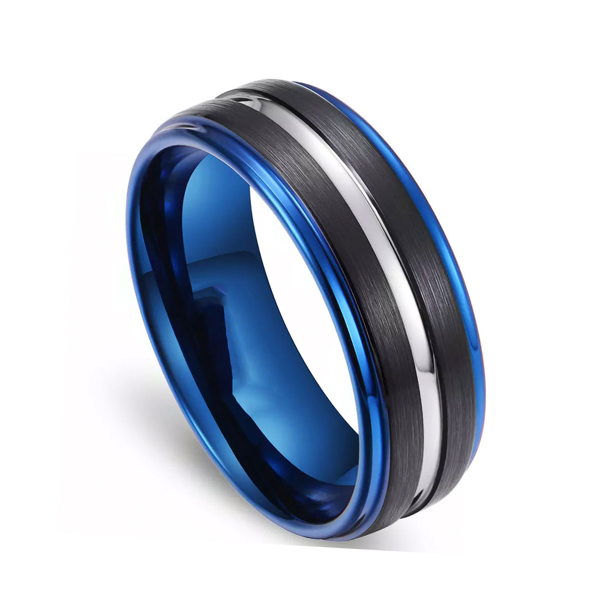 8mm Blue Tungsten Carbide Ring W/ Black Brush & Silver Center Groove