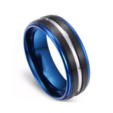 8mm Blue Tungsten Carbide Ring W/ Black Brush & Silver Center Groove