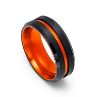 8mm - Black & Orange Brush Matte Finish Tungsten Carbide Ring Beveled Edge Orange Inlay Wedding Band