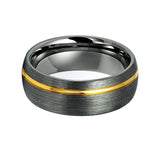 8mm - Tungsten Gun Metal Ring, Brushed Off-Center 18k Gold Grooved Ring