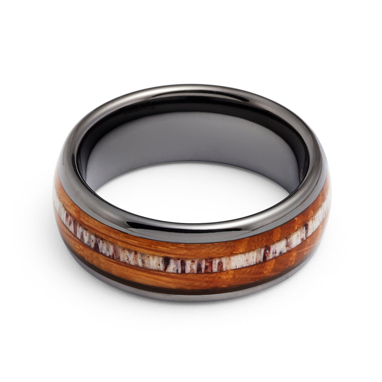 Tungsten Gunmetal Double Barrel Wood Ring Elk Antler Inlay Tungsten Ring