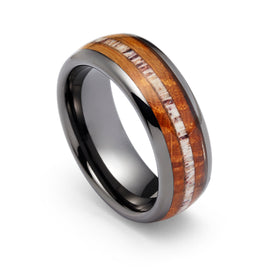 Tungsten Gunmetal Double Barrel Wood Ring Elk Antler Inlay Tungsten Ring