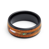 8mm - Black Tungsten Whiskey Double Barrel Wood Ring, W/ ABALONE INLAY BETWEEN TWO GENUINE GUITAR STRINGS