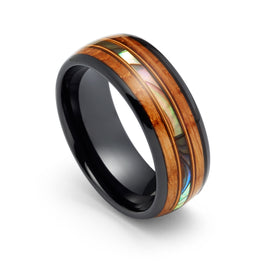 8mm - Black Tungsten Whiskey Double Barrel Wood Ring, W/ ABALONE INLAY BETWEEN TWO GENUINE GUITAR STRINGS