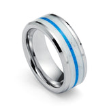 8mm - Tungsten Ring for Men with Blue opal Inlay Unique Band Glowing Luminous in the Dark