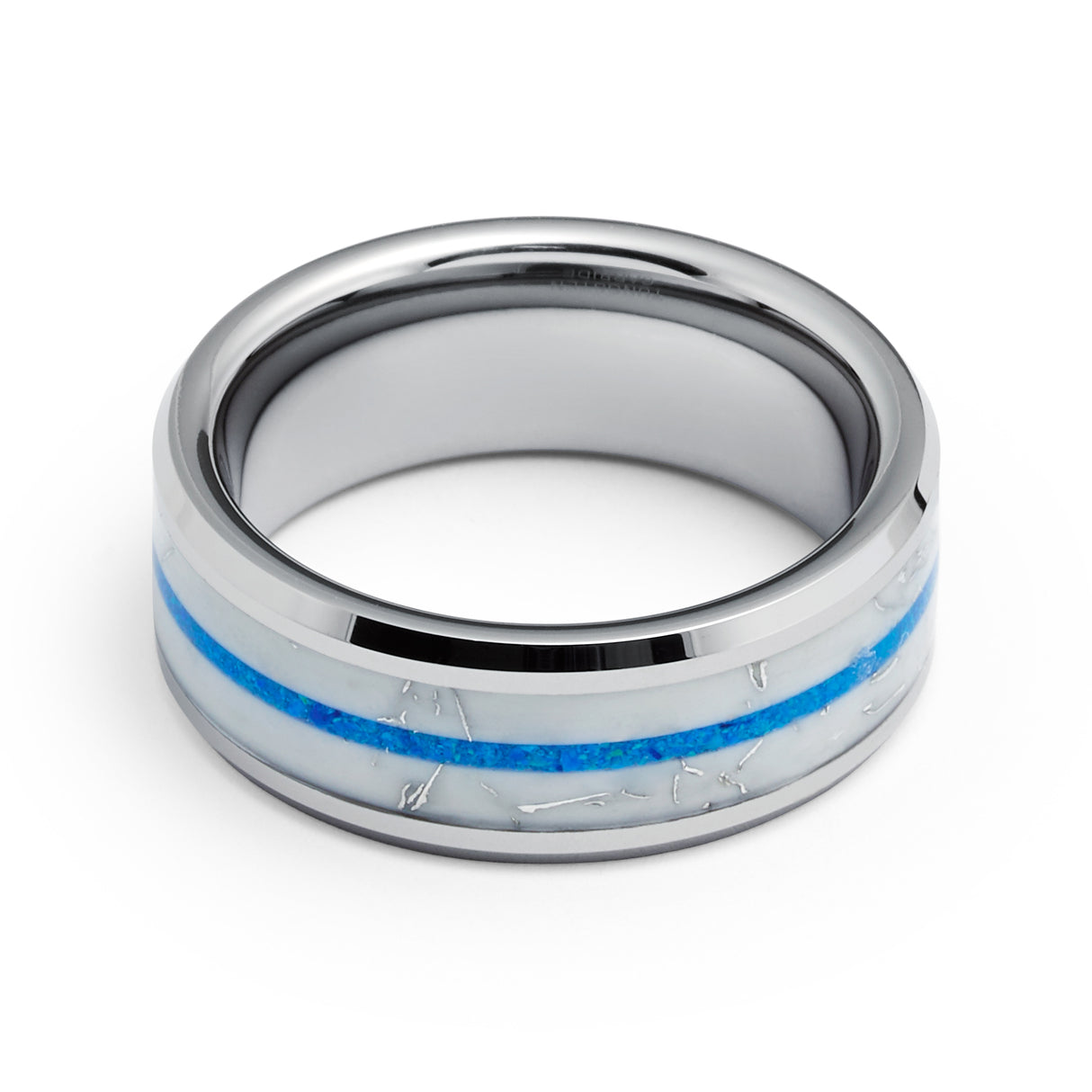 8mm - Tungsten Ring for Men with Blue opal Inlay Unique Band Glowing Luminous in the Dark