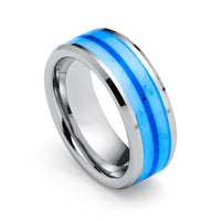 8mm - Tungsten Ring for Men with Blue opal Inlay Unique Band Glowing Luminous in the Dark