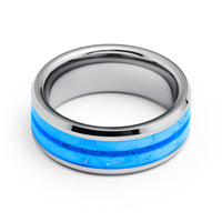 8mm - Tungsten Ring for Men with Blue opal Inlay Unique Band Glowing Luminous in the Dark