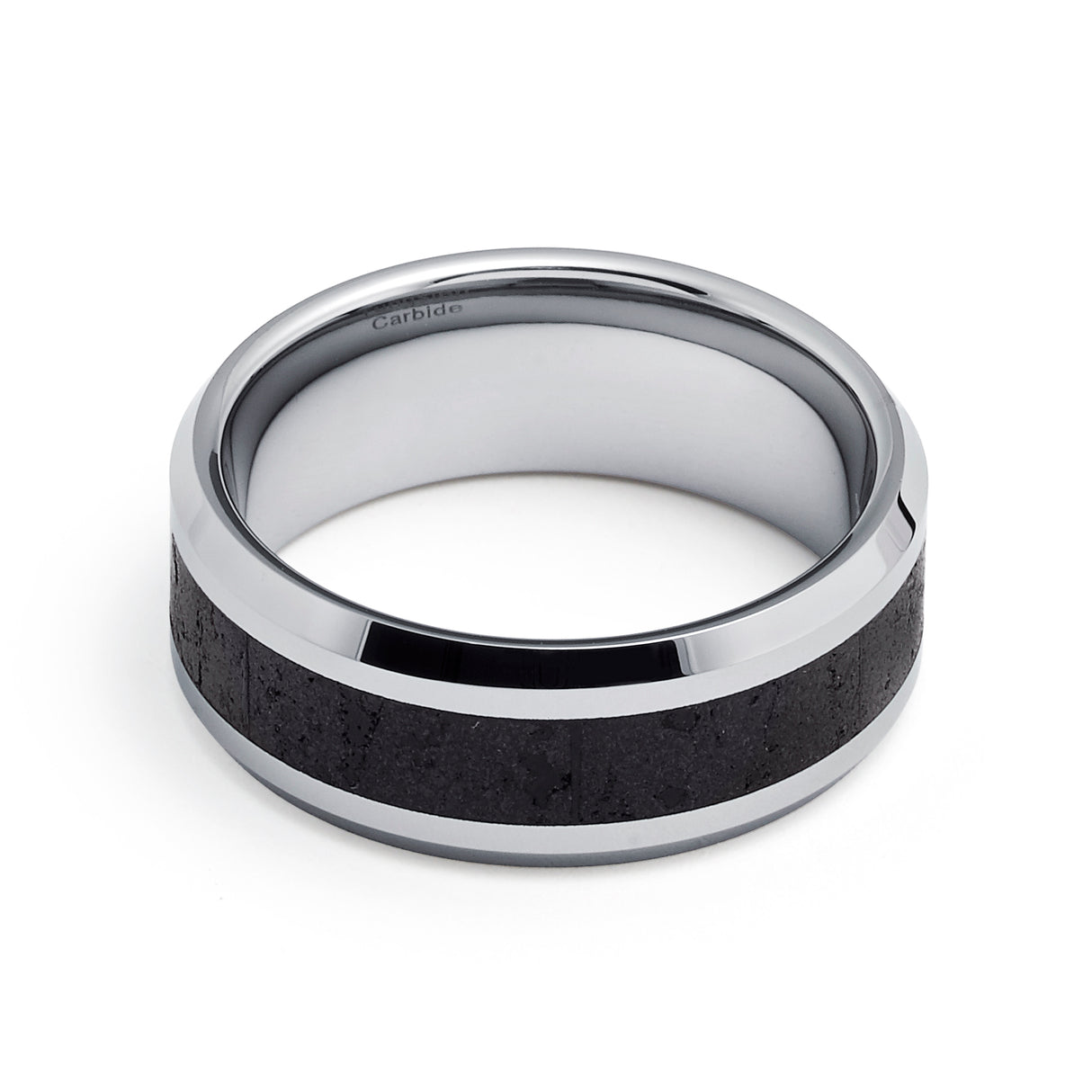 KILAUEA Men’s Polished Tungsten Wedding Band with Black & Gray Lava Rock Stone Inlay & Polished Beveled Edges - 8mm