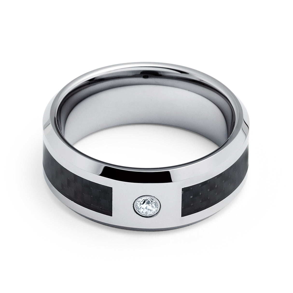 8mm Tungsten Carbide Wedding Ring with Black Carbon Fiber & White Diamond