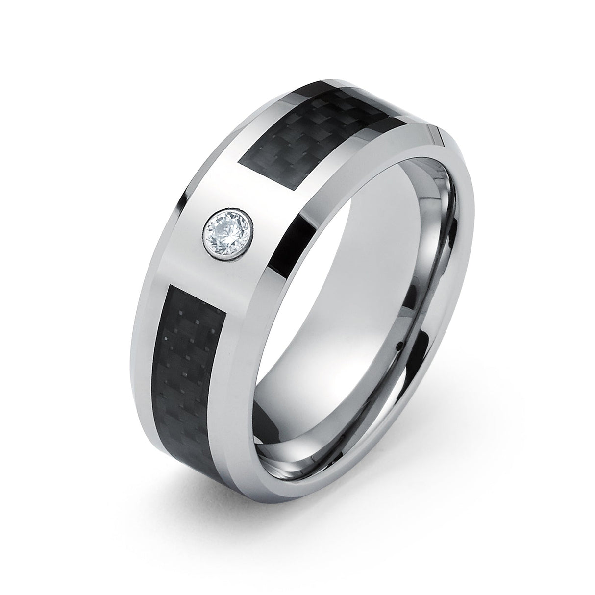 8mm Tungsten Carbide Wedding Ring with Black Carbon Fiber & White Diamond