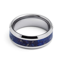 Men's Tungsten Wedding Band with Blue Lapis Lazuli Stone Inlay Ring, Beveled Edges - 8 mm