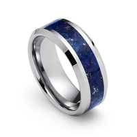 Men's Tungsten Wedding Band with Blue Lapis Lazuli Stone Inlay Ring, Beveled Edges - 8 mm
