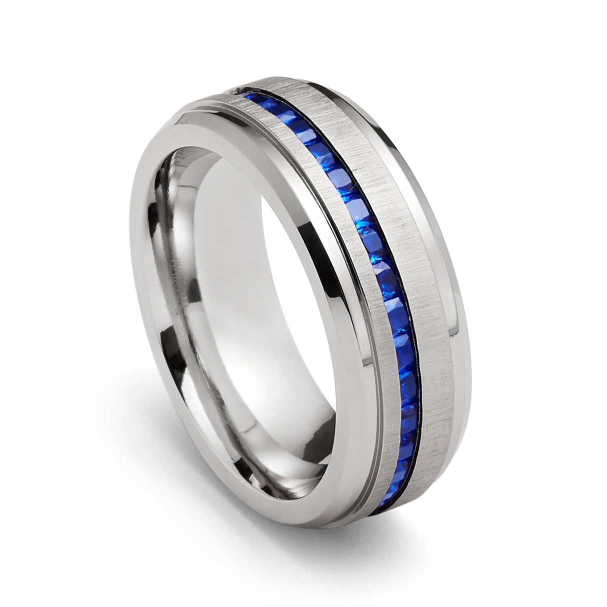 8mm - Mens Titanium Wedding Band With Blue Sapphire Titanium Ring