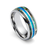 8mm Tungsten Carbide Wedding Ring with Blue Opal and Abalone Shell Inlay Dome Style High Polished Comfort Fit Size