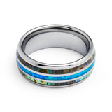 8mm Tungsten Carbide Wedding Ring with Blue Opal and Abalone Shell Inlay Dome Style High Polished Comfort Fit Size