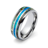 8mm Tungsten Carbide Wedding Ring with Blue Opal and Abalone Shell Inlay Dome Style High Polished Comfort Fit Size