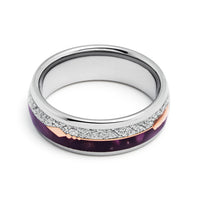 8mm- Silver Tungsten Dome Ring, W/ Purple Agate Rose gold Arrow & Meteorite Inlay