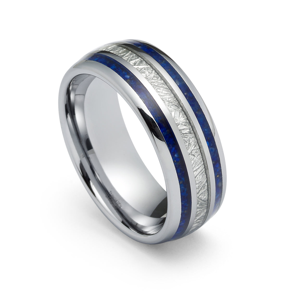 8mm - Mens Domed Tungsten Meteorite Ring, W/ Lapis Lazuli Inlay