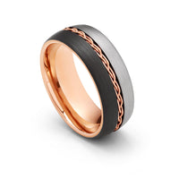 8mm Rose Gold Tungsten Carbide Ring Braid Ring Brushed Black & Gunmetal Center