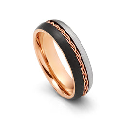 6mm Rose Gold Tungsten Carbide Ring Braid Ring Brushed Black & Gunmetal Center