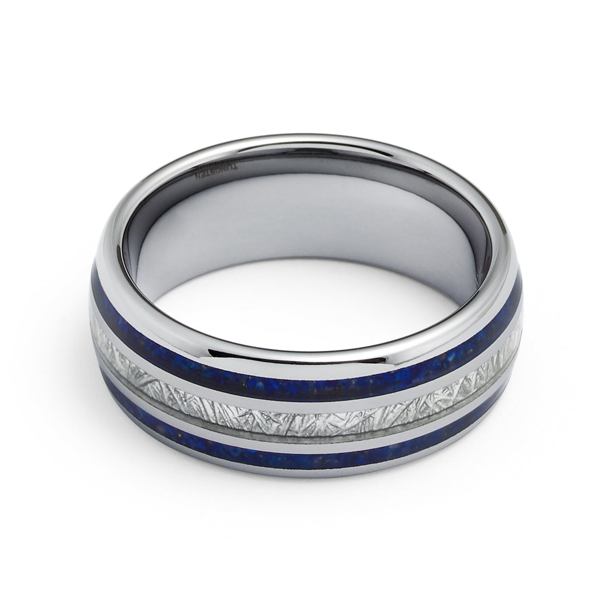 8mm - Mens Domed Tungsten Meteorite Ring, W/ Lapis Lazuli Inlay