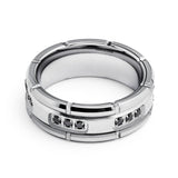 Tungsten Wedding Band Silver W/ Black Diamonds Ring, Grooved,  - 8mm