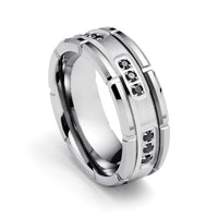 Tungsten Wedding Band Silver W/ Black Diamonds Ring, Grooved,  - 8mm